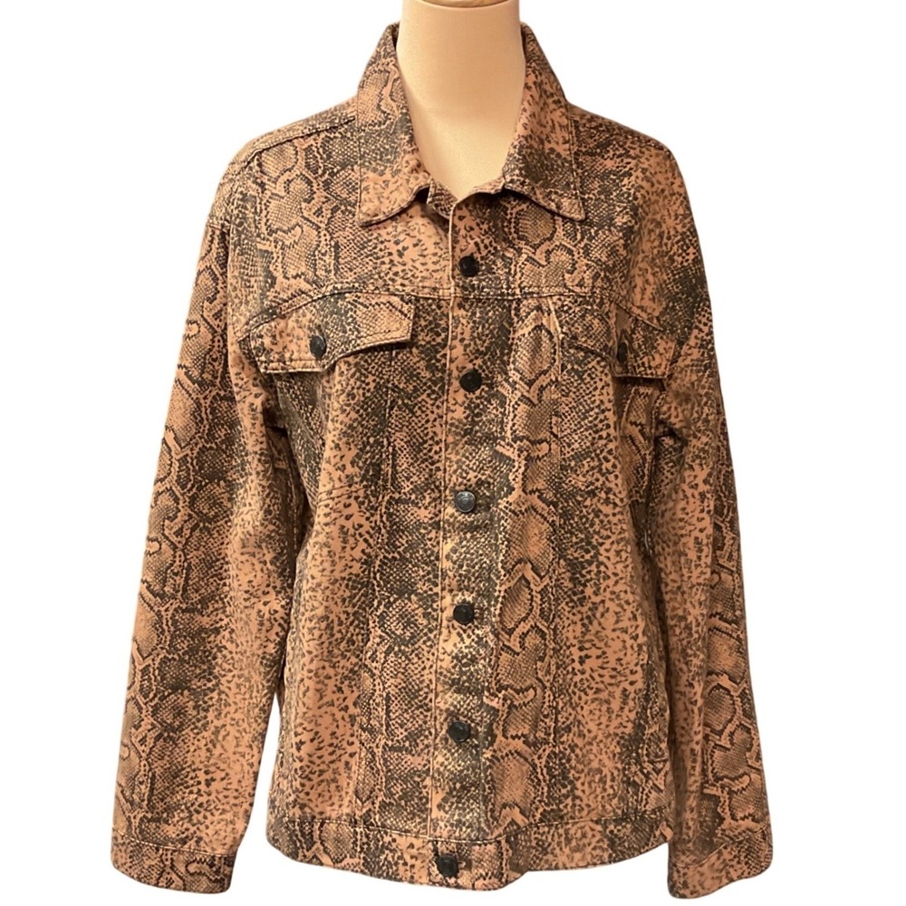 Free People Women's Snake Printed Collared Skin Trucker Jean Jacket Size Large - Picture 2 of 14